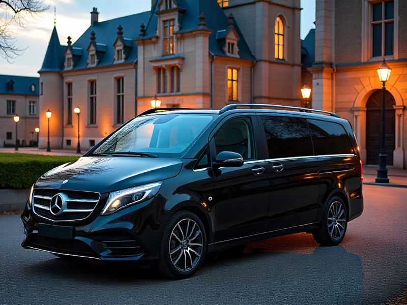 Mercedes Classe V noire Prime VTC 49 devant monuments Angers
